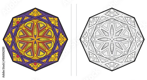 Dual Design: Colorful Geometric Mandala With Black and White Outline Version Comparison