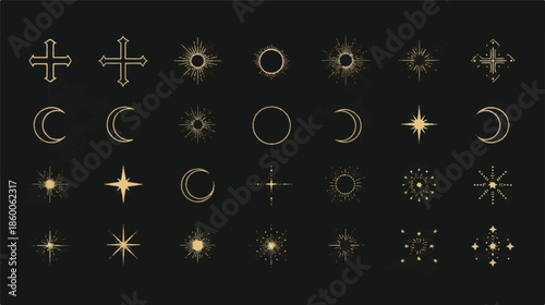 Collection of Golden Line Art Celestial and Spiritual Vector Icons