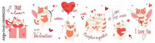 Cartoon set in simple children's style cute loving cats for Valentine's Day Romantic flat vector characters with hearts, cupid elements and gifts for greeting cards, stickers, festive love design