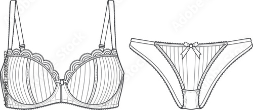 Women lingerie set cad drawing, flat vector illustration, technical fashion sketch of bra and panty, underwear apparel outline