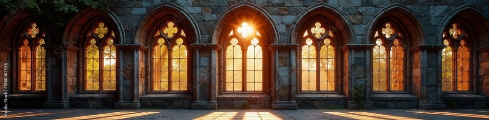 Fototapeta premium Cluster of aged gothic arched windows, weathered stone, atmospheric light , historic, ruin, aesthetic