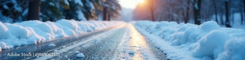 Close-up of snow and ice covered road with caution sign , icy road, alert, snowfall
