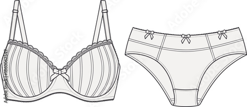 Women lingerie technical fashion sketch bra and panties underwear set with lace trim bows, cad drawing flat vector illustration