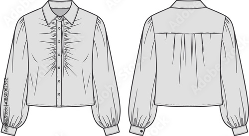 Women long sleeve blouse technical fashion sketch front and back view with pleats cuff collar, cad drawing flat vector illustration
