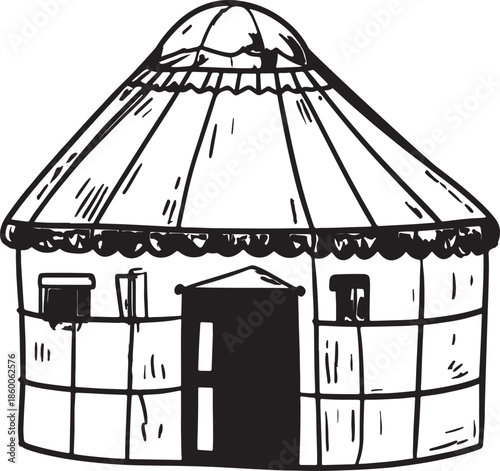 Round structure with a conical roof built from wood and fabric in a simple design commonly used in various cultures