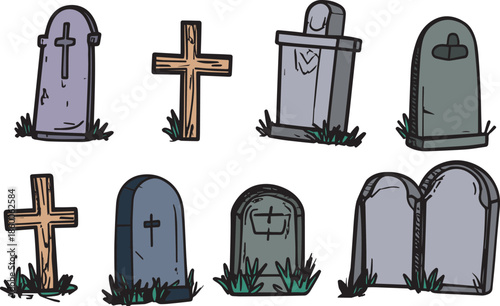 Different types of graves in a cemetery setting at dusk with grass around each marker in a historical area
