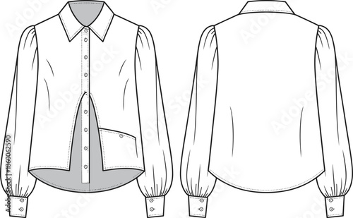 Women long sleeve blouse technical flat vector illustration front and back view button up minimal apparel CAD drawing