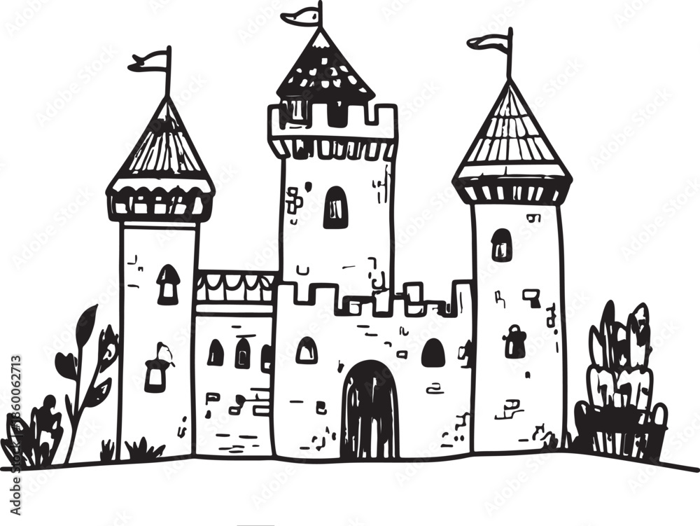 Obraz premium Drawing of a castle with towers and flags in a simple style