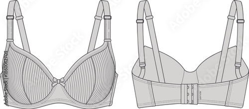 Women padded bra technical drawing, lingerie fashion sketch, front back view, supportive cup design, cad drawing flat vector illustration template