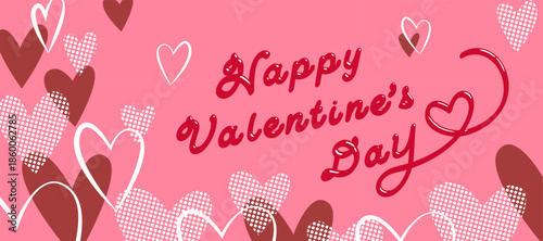 チョコレートのツヤ感がある文字とハートがいっぱいのバレンタインカード　ベクターイラスト