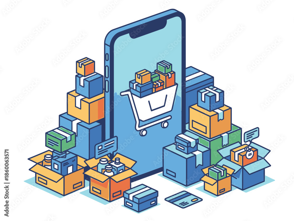 Fototapeta premium Isometric online shopping concept with smartphone full cart and numerous colorful delivery boxes.