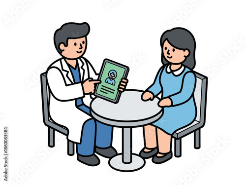 Cartoon doctor showing medical records on tablet to female patient healthcare consultation illustration.