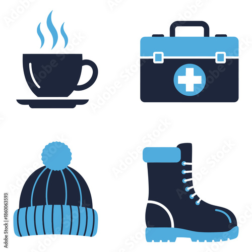 Winter comfort safety adventure icons hot drink first aid kit beanie boots Cold weather preparedness travel protection