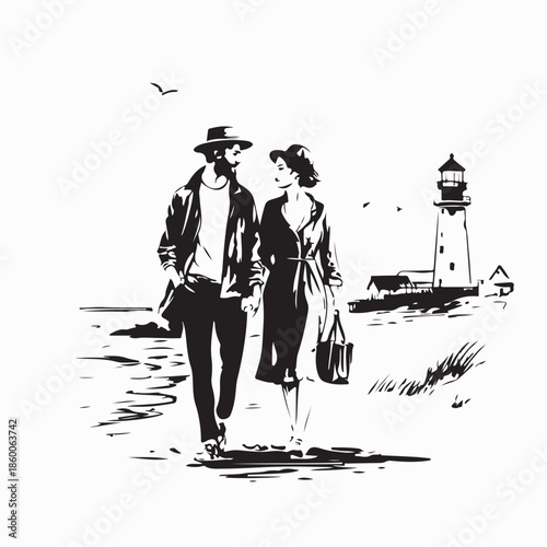 Happy Couple Love Walking On Beach Silhouette Vector on white Background