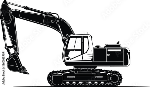Excavator machine illustration showing tracked construction equipment with hydraulic arm, detailed industrial vehicle silhouette isolated on white background