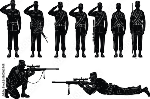 Military soldier silhouettes collection showing armed forces saluting, standing guard, and sniper positions with rifles isolated on white background illustration