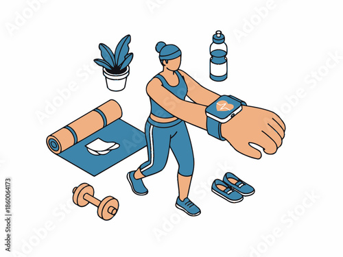 Isometric woman in blue activewear headband and sneakers checking smartwatch with heart rate display.