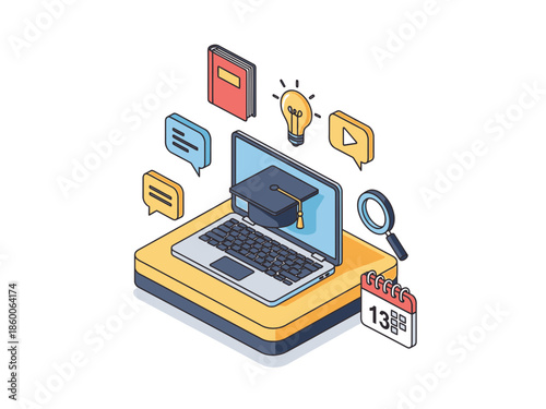 isometric laptop with graduation cap and icons clip art preview