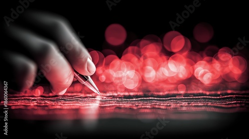 A hand delicately traces illuminated lines against a dark backdrop, evoking a sense of focused creation and the beauty of intricate design, utilizing a blurred bokeh effect.