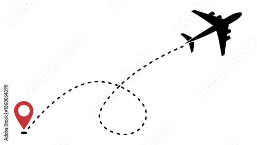 Airplane Flight Path with Red Location Pin and Dotted Route Illustration