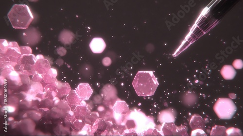 A digital pen delicately interacts with a field of glowing, geometric crystals, evoking a sense of creation and ethereal beauty through abstract design and light.