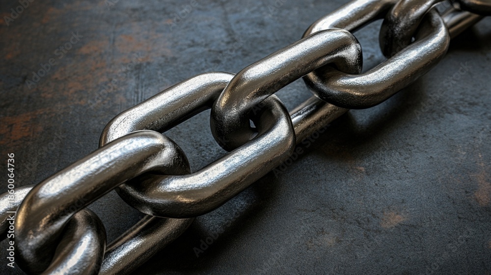 Fototapeta premium shackle. Two interlocking chain links on a dark surface, one partially obscured in shadow, metallic texture. safety posters.