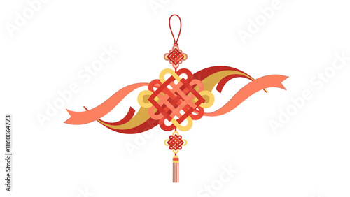 A traditional Chinese ornament for Chinese New Year 2026, featuring a red and gold design with intricate knotwork and tassel, against a clean white background.