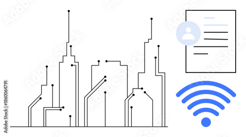 Smart cities, digital identity, wireless networks, IoT systems, future technology, urban planning. Skyline with circuit lines, document icon blue wireless symbol. Smart cities and digital identity