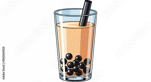 Delicious Boba Milk Tea Beverage Illustration with Black Tapioca Pearls Whipped Cream and Straw