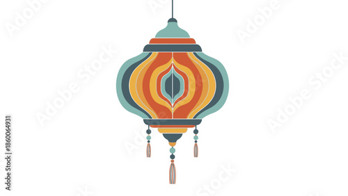 Vibrant colorful lantern ornament hanging against a clean white background, featuring orange, yellow and blue hues with tassels, symbolizing Chinese New Year 2026 celebrations.
