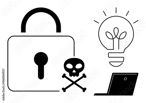 Cybersecurity, data protection, online safety, innovation, digital threats, encryption. A padlock, laptop lightbulb and skull symbol. Cybersecurity and data protection concepts