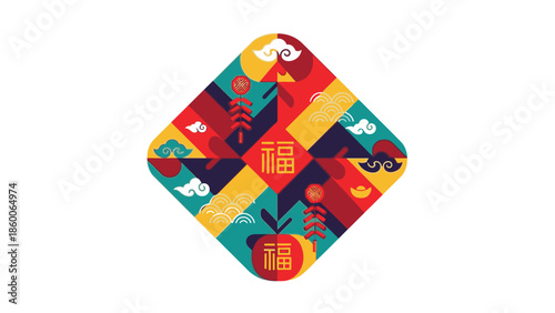 Vibrant ornament for Chinese New Year 2026 featuring colorful lampoin and festive patterns on a clean white background with a mix of red, gold, and teal hues.