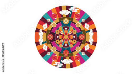Vibrant circular ornament with colorful patterns and designs, symbolizing Chinese New Year 2026 celebrations with a festive lampoin theme.