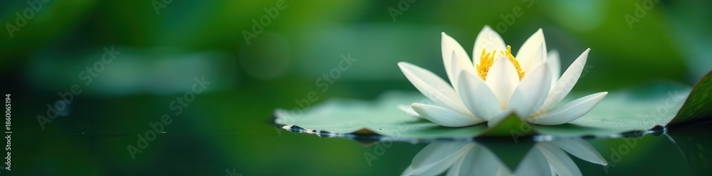 Fototapeta premium Close-up, single lotus leaf, delicate white flowers, calm water surface , botanical, vibrant