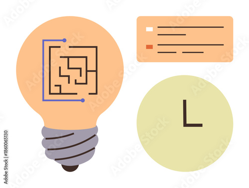 Lightbulb featuring maze pattern, list with checkboxes, and clock symbolize problem-solving, productivity, and creativity. Ideal for brainstorming, planning, innovation, management organization