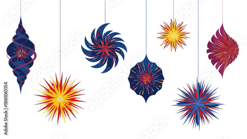 Colorful hanging paper lanterns in blue, red, and yellow for Chinese New Year 2026 celebration with lampoin ornament on a white background.