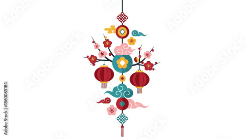 Colorful ornament for Chinese New Year 2026 featuring lampoin and other festive decorations hanging against a clean white background with a joyful mood.