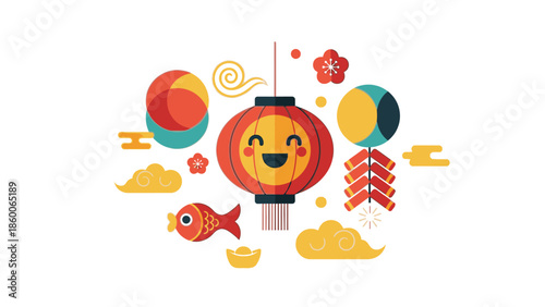 A colorful illustration of a smiling lantern surrounded by festive Ornament, Chinese New Year 2026 decorations, and a lampoin against a clean white background with vibrant, celebratory mood.