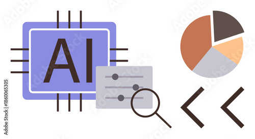 AI chip alongside settings window, magnifying glass, pie chart, and coding brackets. Ideal for technology, data analysis, AI development, programming, automation innovation education simple flat