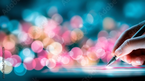 A hand delicately guides a pen across a luminous surface, creating a sense of focused creativity and artistic expression against a vibrant, blurred backdrop of color.