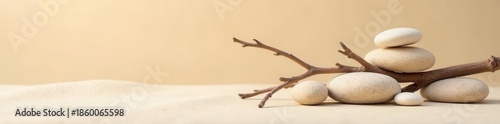 Dry branch and stones on neutral beige Abstract natural scene for branding , still life, commercial, dry
