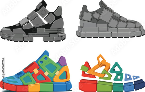 Modular Block Sneaker Lifestyle Design Set With Geometric Construction Contemporary Fashion Footwear Illustration