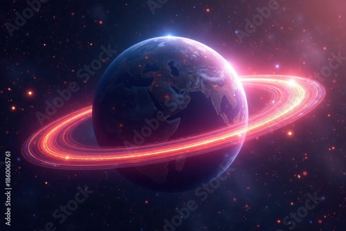 Ethereal rings encircle a glowing, grid-patterned planet , rings, nebula, geometric