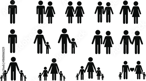 Diverse family silhouette collection and domestic home scene with parents working, cleaning, and child playing together in living room interior.