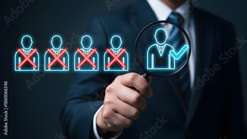 Businessman uses magnifying glass to select the right candidate for a job.