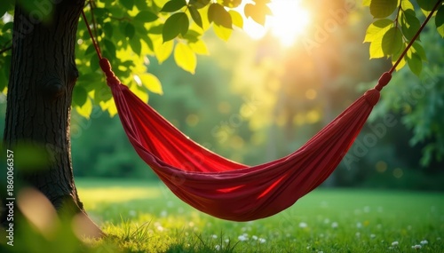 Hanging hammock, sunlight filters through leaves , bright, summer