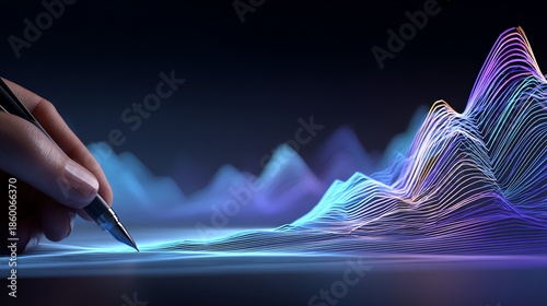 A hand delicately traces glowing, abstract lines forming a landscape of undulating peaks, symbolizing creative exploration and the birth of innovative ideas through design.