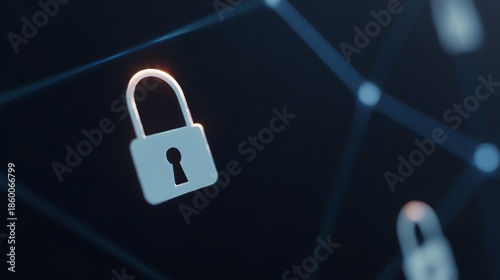 A luminous padlock symbol floats within a network of interconnected lines, representing digital security and data protection in a modern, abstract style.