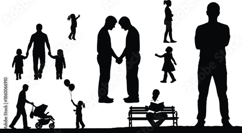 Silhouette collection of diverse families, gay couple, parents with children, man with stroller, and people in park for vector design.