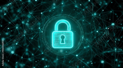An illuminated padlock glows amidst a complex network of interconnected lines and points, symbolizing digital security and data protection in a modern, abstract style.